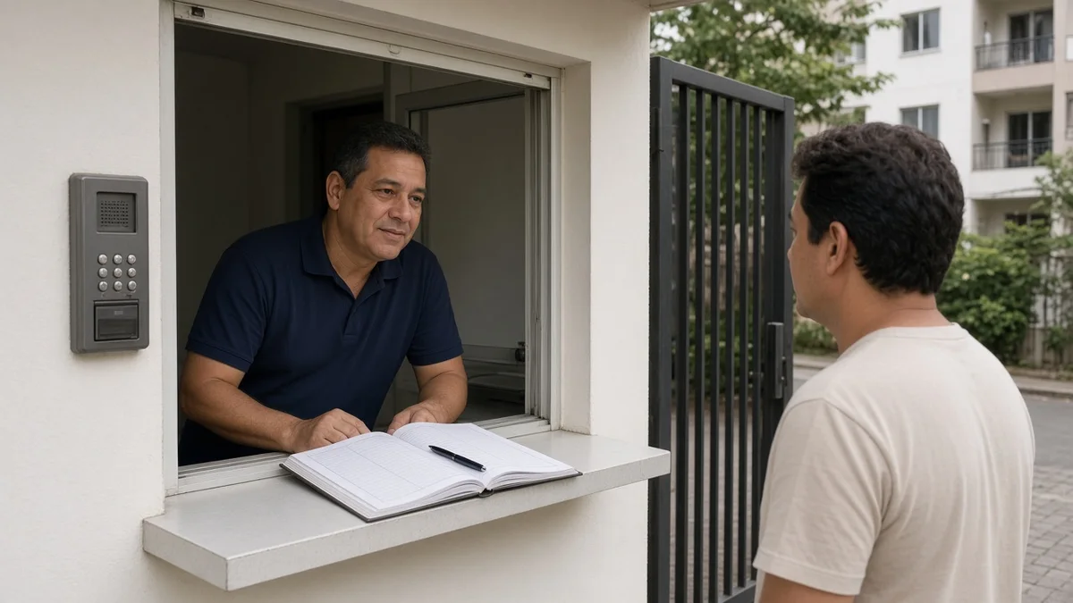Porteiro atende visitante na guarita residencial com livro de registros no balcao, interfone na parede e portao ao fundo sob luz diurna natural.