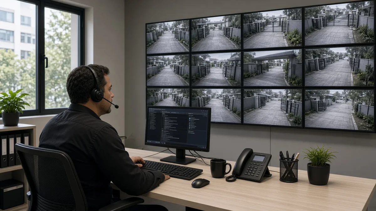 Operador em central remota observa monitores com imagens da entrada do condominio, headset e mesa de monitoramento iluminada ao fundo da sala.