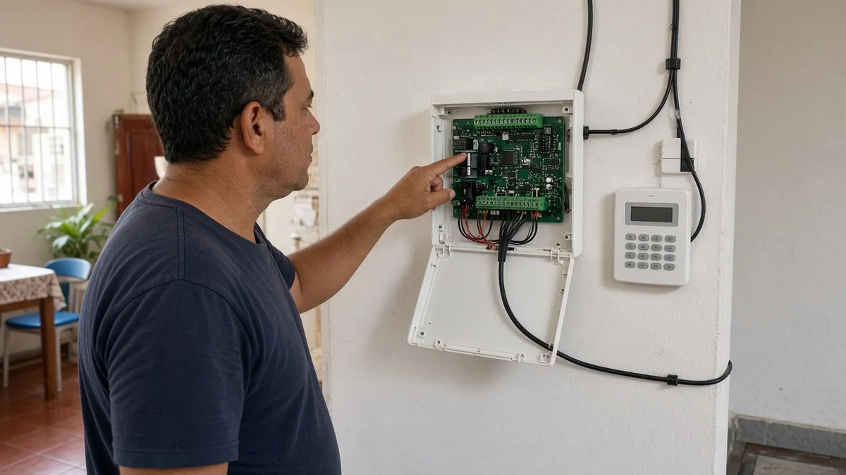 Detalhe prático: mao aponta painel de controle e cabo de comunicacao ligados a central de alarme, com técnico em uniforme e ferramentas visíveis na instalação.
