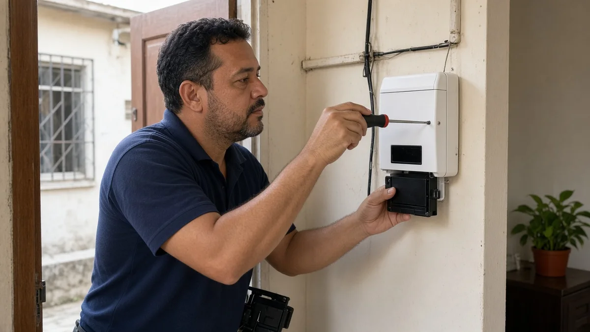 Detalhe prático: tecnico ajusta equipamento de seguranca com ferramentas na residencia brasileira, com técnico em uniforme e ferramentas visíveis na instalação.