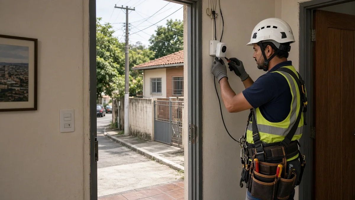 Técnico com equipamento de segurança eletrônica em residência brasileira urbana, sob luz natural, em contexto de orçamento de monitoramento 24 horas.