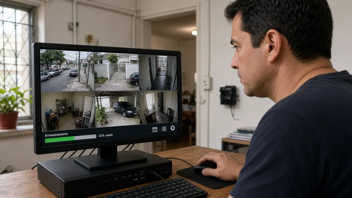 Detalhe prático: close do painel dvr mostrando canais e barra de armazenamento no monitor, com técnico em uniforme e ferramentas visíveis na instalação.