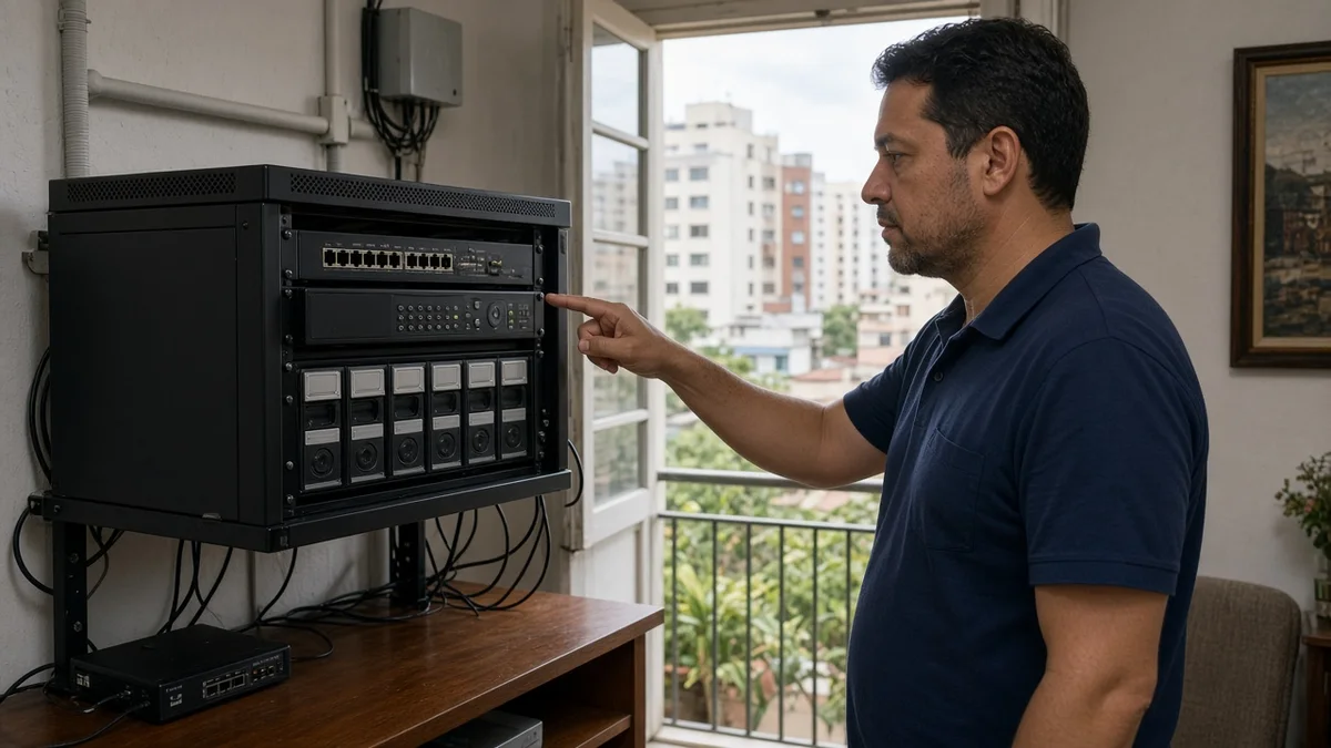 Técnico em serviço: tecnico aponta para dvr com discos hd em rack de monitoramento residencial, em residência brasileira urbana com luz natural.