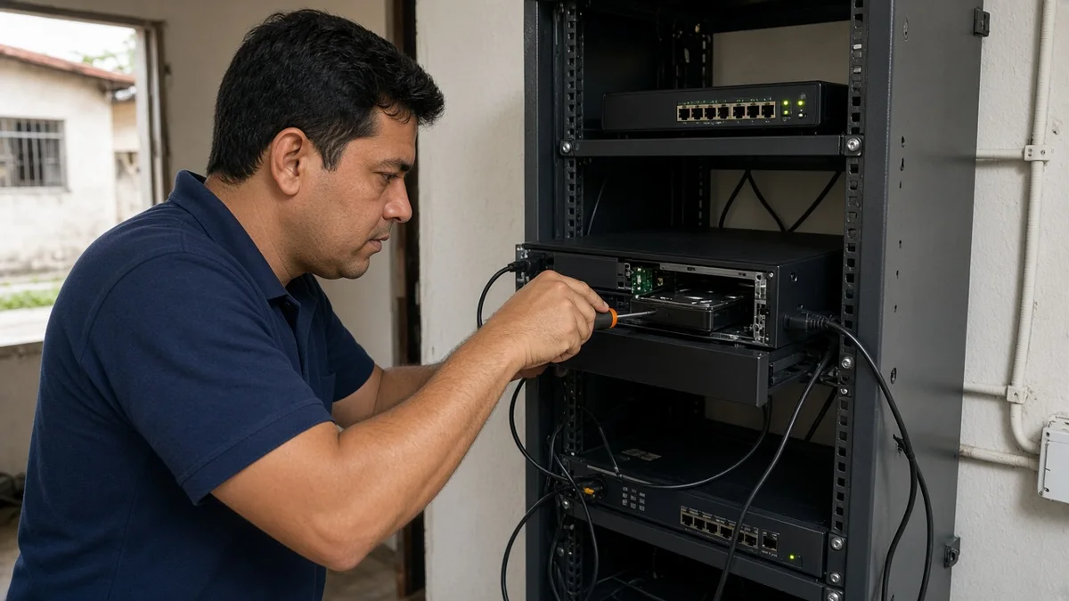 Detalhe prático: tecnico troca disco hd no gravador dvr com chaves e cabos no rack, com técnico em uniforme e ferramentas visíveis na instalação.