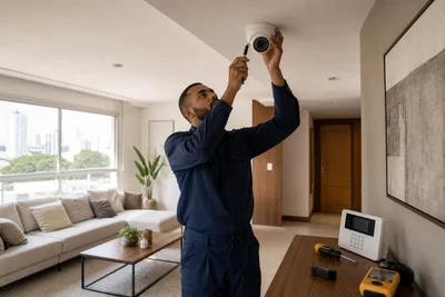 Técnico de segurança com uniforme Portaria Cascavel instala câmera dome em sala residencial brasileira iluminada, com central de alarme no local.